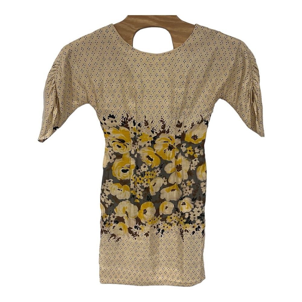 Anthropologie MEADOW RUE Dress Peppered Plena Polka Dot Floral Yellow Ivory Sz 0